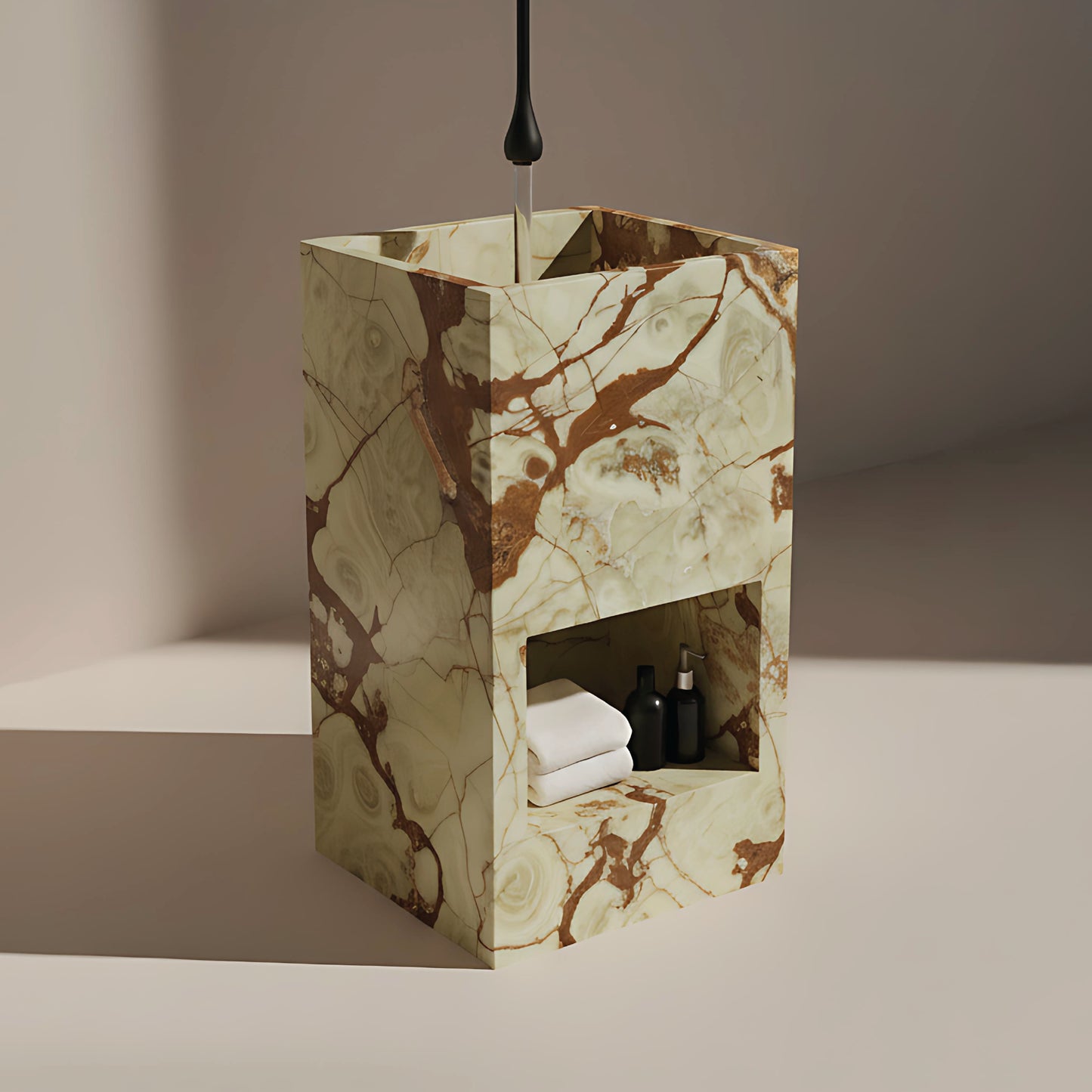 Lavabo Totem Áureo en Ónix Verde Clásico con corte frontal tallado