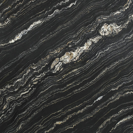 Detail of Belvedere Tropical Storm quartzite, wavy veins and metallic texture on a black background.