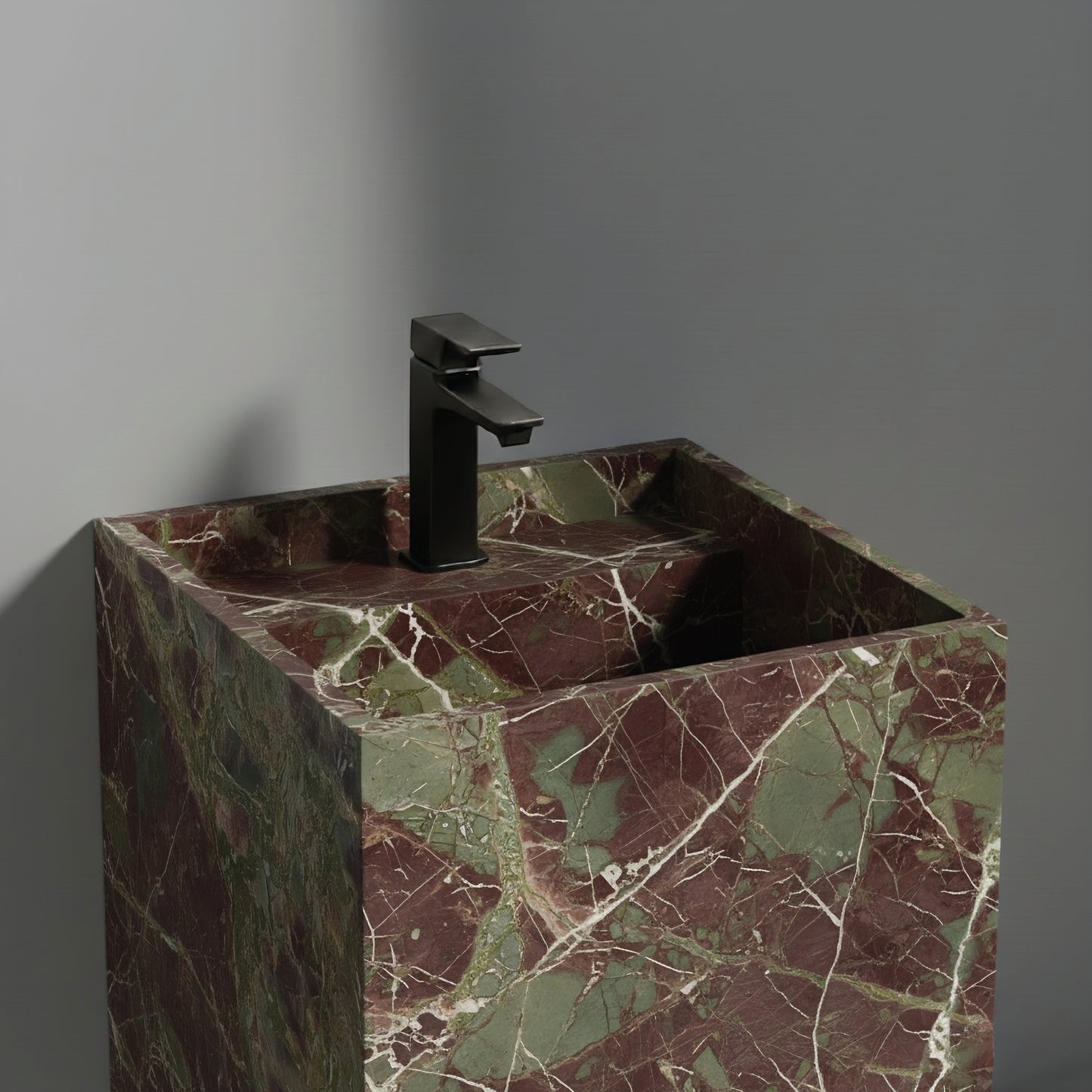 Lavabo Totem Seren en Cuarcita Granada con agujero para grifo, lavabo monolítico de piedra natural premium.