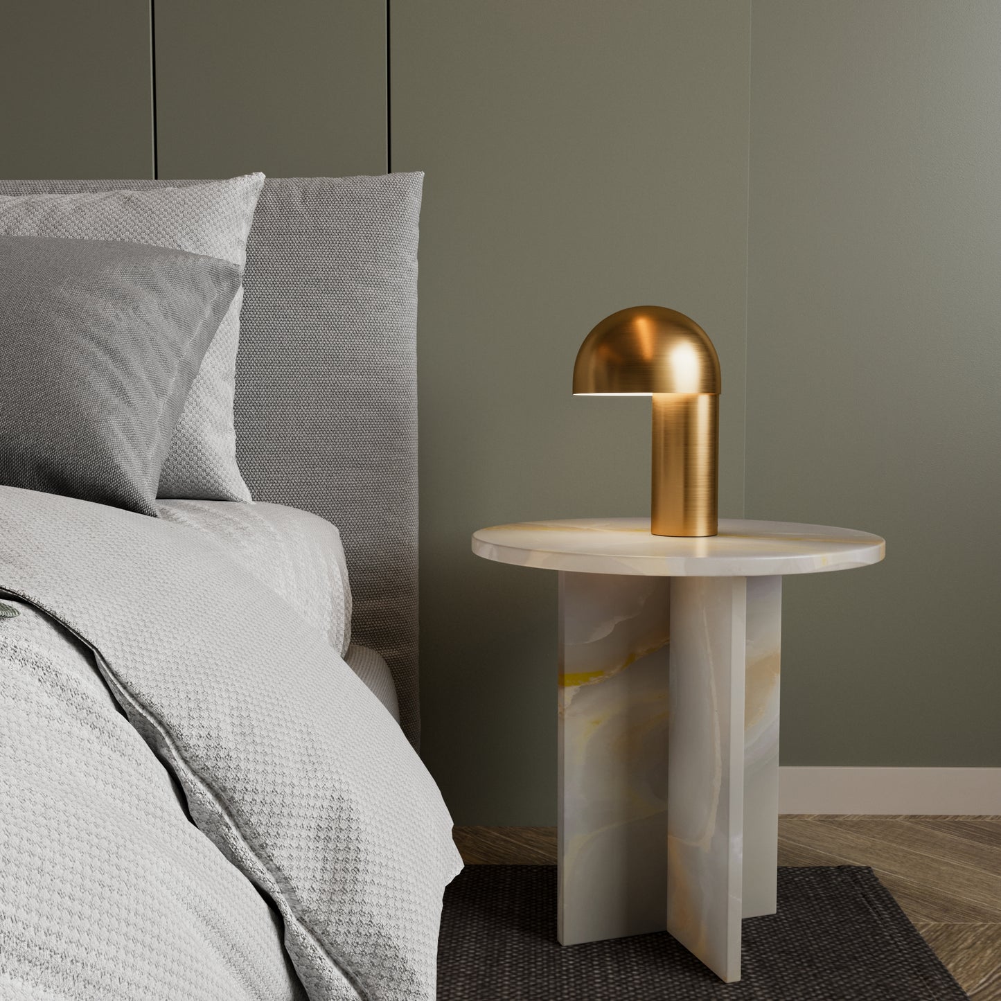 Mesa Auxiliar CHIC en Ónix Blanco – piedra natural pulida en salón moderno