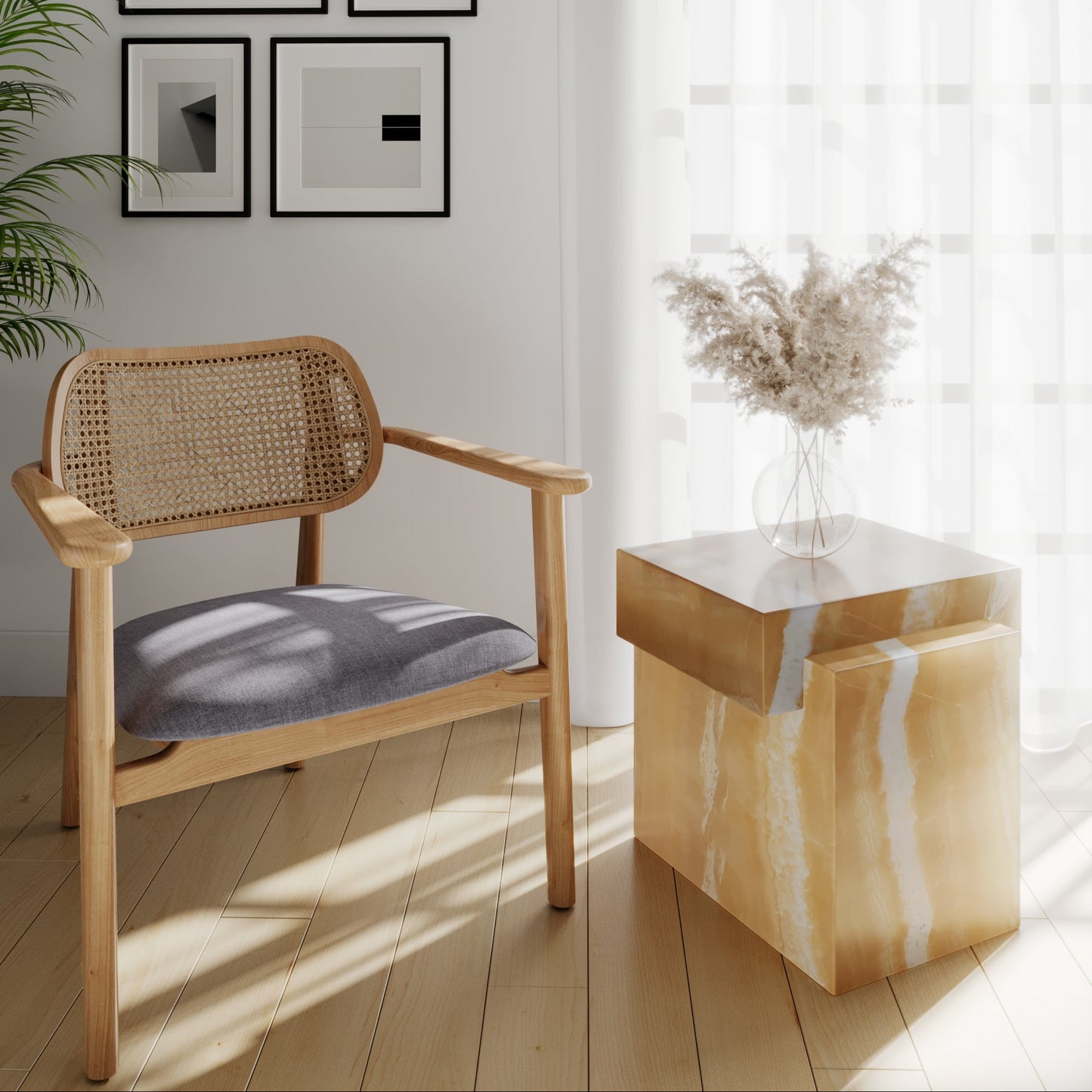 Mesa Auxiliar ALMA en Ónix Dorado – piedra natural pulida en salón moderno