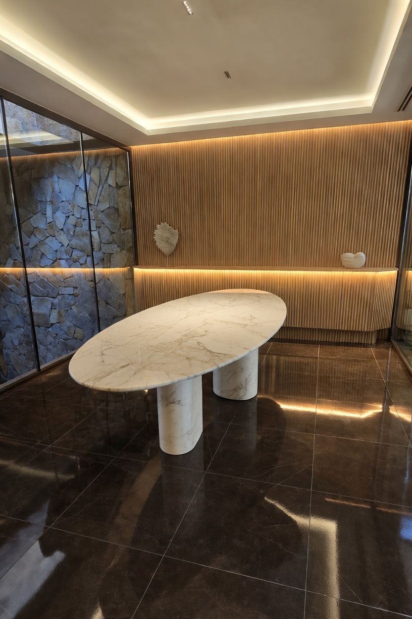 Stenix Ova Dining Table in Taj Mahal Quartzite