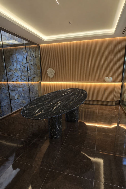 Stenix Ova Dining Table in Belvedere Quartzite