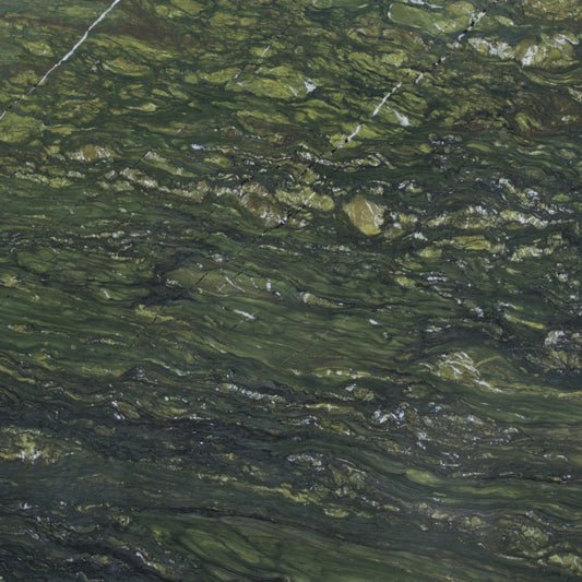 Detail of Verde Amazonia quartzite showing natural green and gold veins with a polished finish.