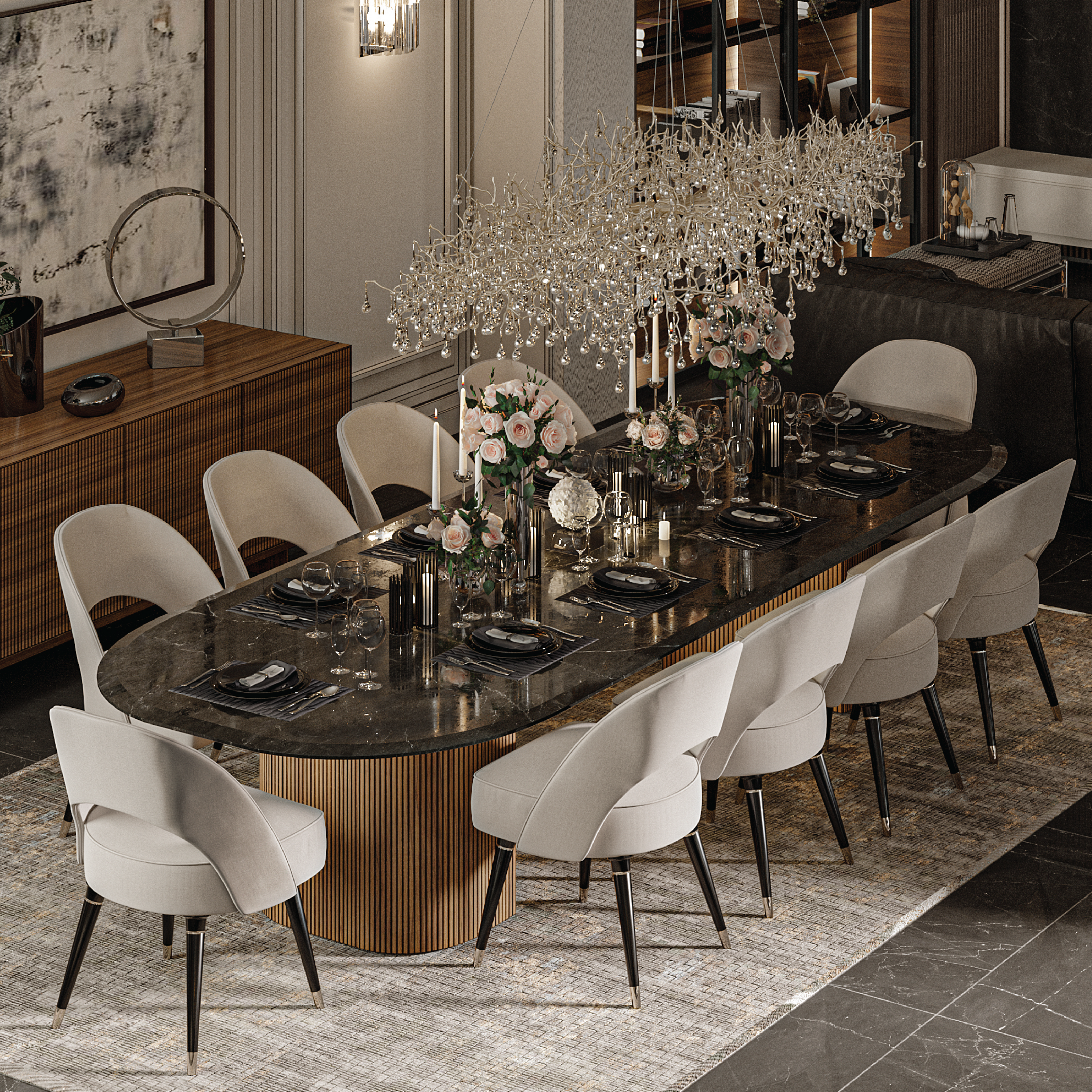 Mesa de comedor Magno ovalada y de gran formato, con base envolvente en ambiente de lujo.