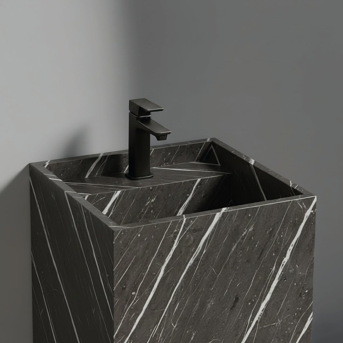 Lavabo Totem en Cuarcita Belvedere Luxurious con agujero para grifo, piedra oscura con vetas metálicas.