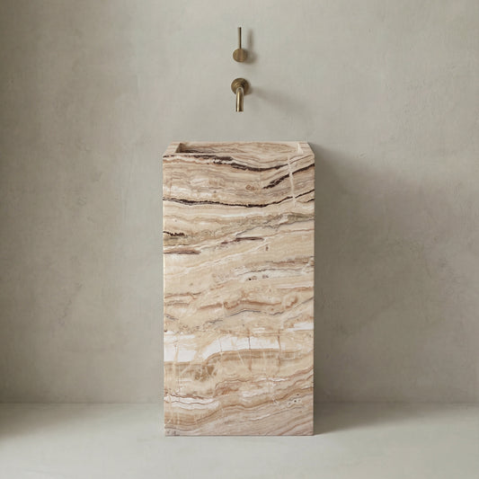 Lavabo Totem Seren en Ónix Avorio sin agujero, piedra semipreciosa marfil pulida de lujo.