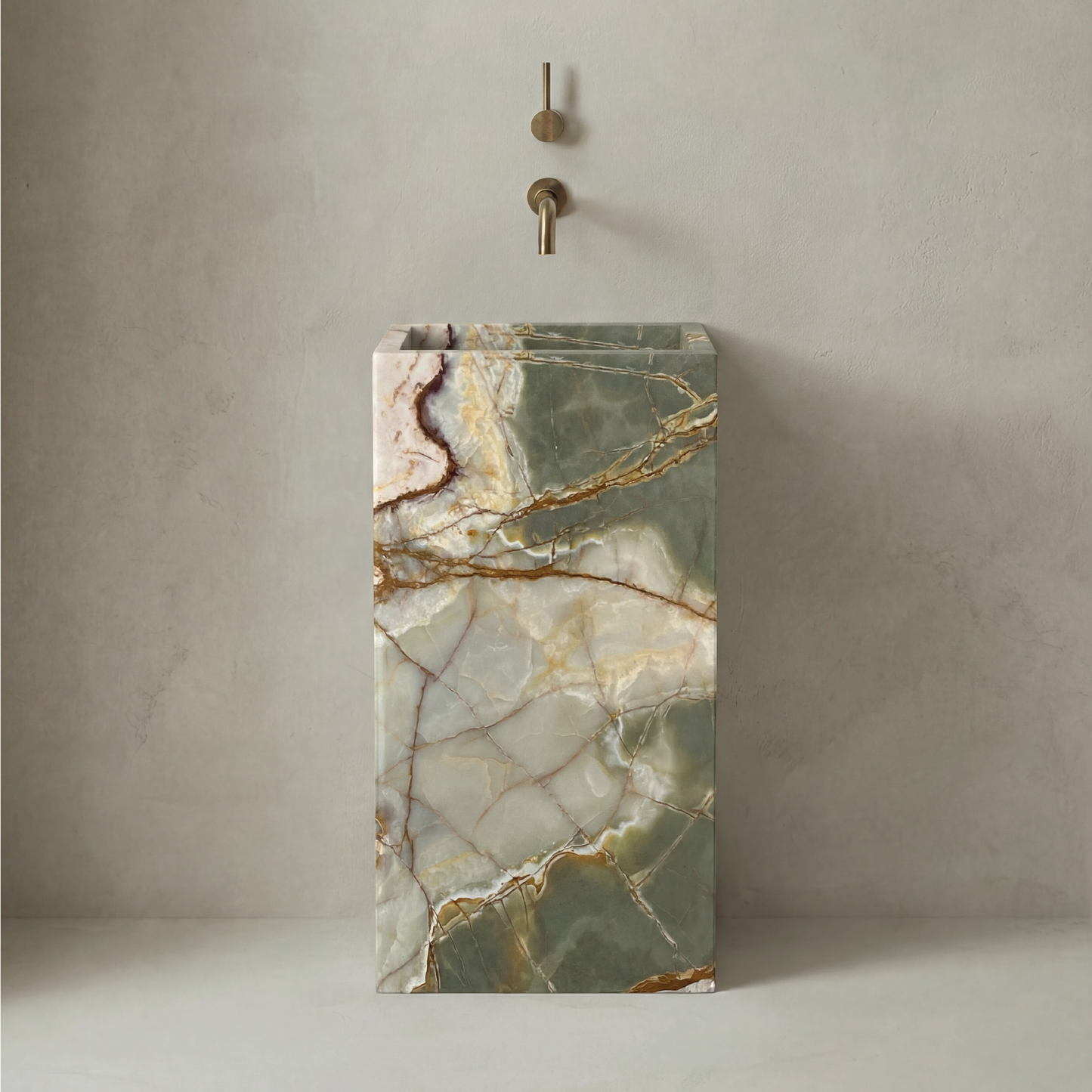 Lavabo Totem Seren en Ónix Verde Clásico sin agujero, piedra natural verde pulida.
