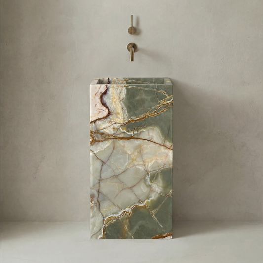 Lavabo Totem Seren en Ónix Verde Clásico sin agujero, piedra natural verde pulida.

