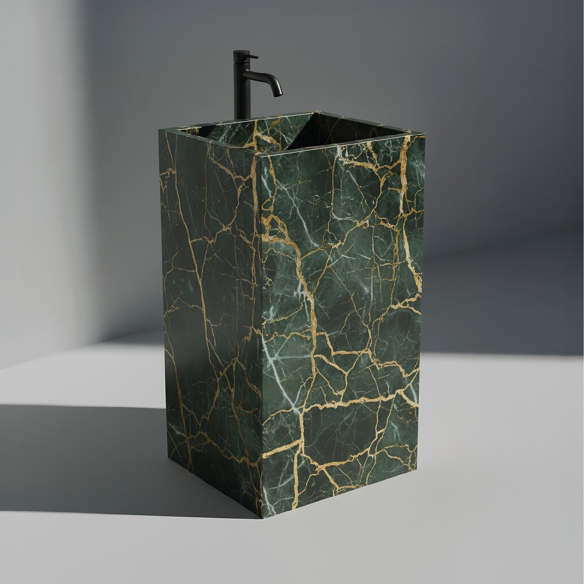 Lavabo Totem Seren en Cuarcita Golden Green sin agujero para grifo, piedra natural verde dorada de lujo.