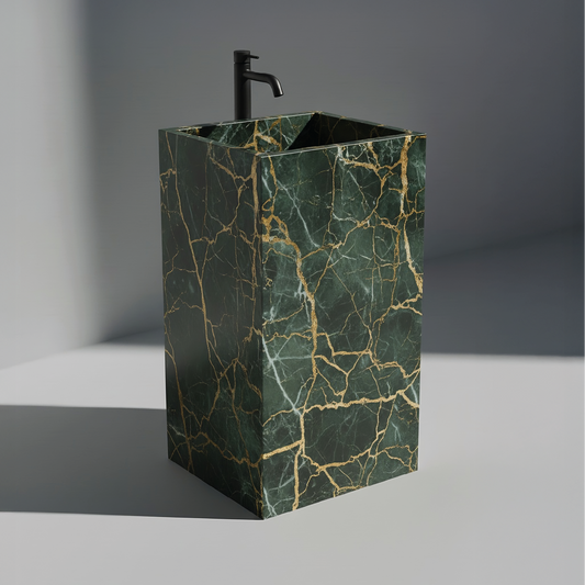 Lavabo Totem Seren en Cuarcita Golden Green sin agujero para grifo, piedra natural verde dorada de lujo.