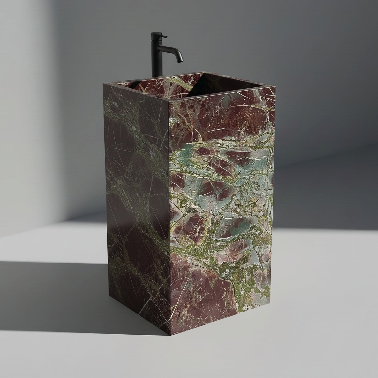 Lavabo Totem Seren en Cuarcita Granada sin agujero para grifo, piedra natural rojiza de lujo.