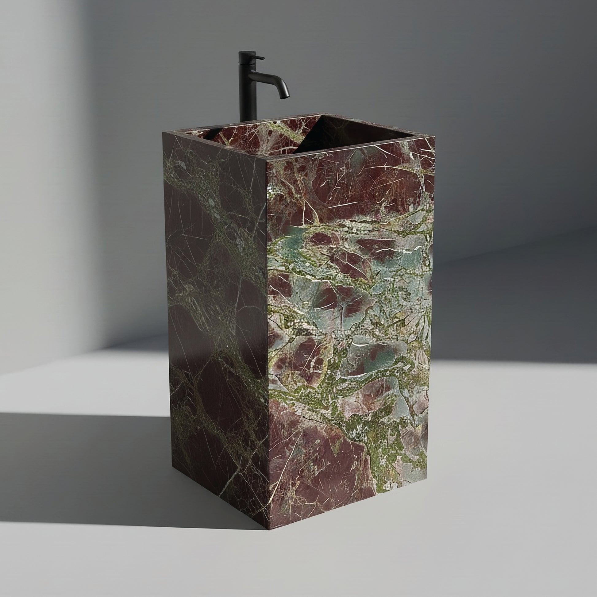 Lavabo Totem Seren en Cuarcita Granada sin agujero para grifo, piedra natural rojiza de lujo.