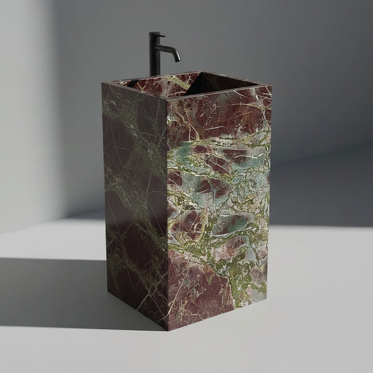 Lavabo Totem Seren en Cuarcita Granada sin agujero para grifo, piedra natural rojiza de lujo.