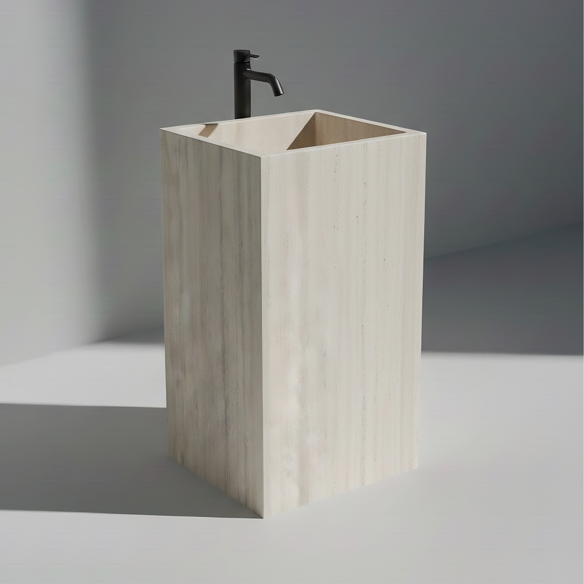Lavabo Totem Seren en Mármol Crema Premium sin agujero, mármol beige pulido con vetas suaves.