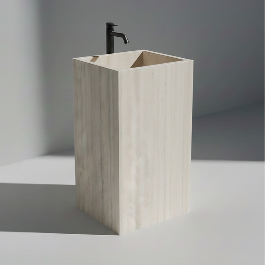 Lavabo Totem Seren en Mármol Crema Premium sin agujero, mármol beige pulido con vetas suaves.