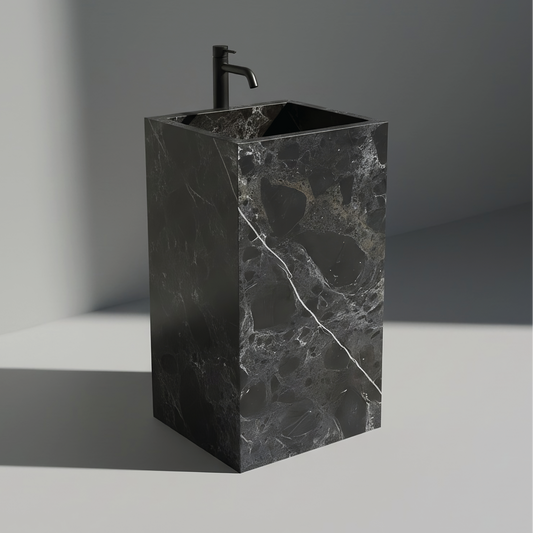 Lavabo Totem Seren en Mármol Negro Casper sin agujero para grifo, diseño monolítico de piedra natural para baños de lujo.