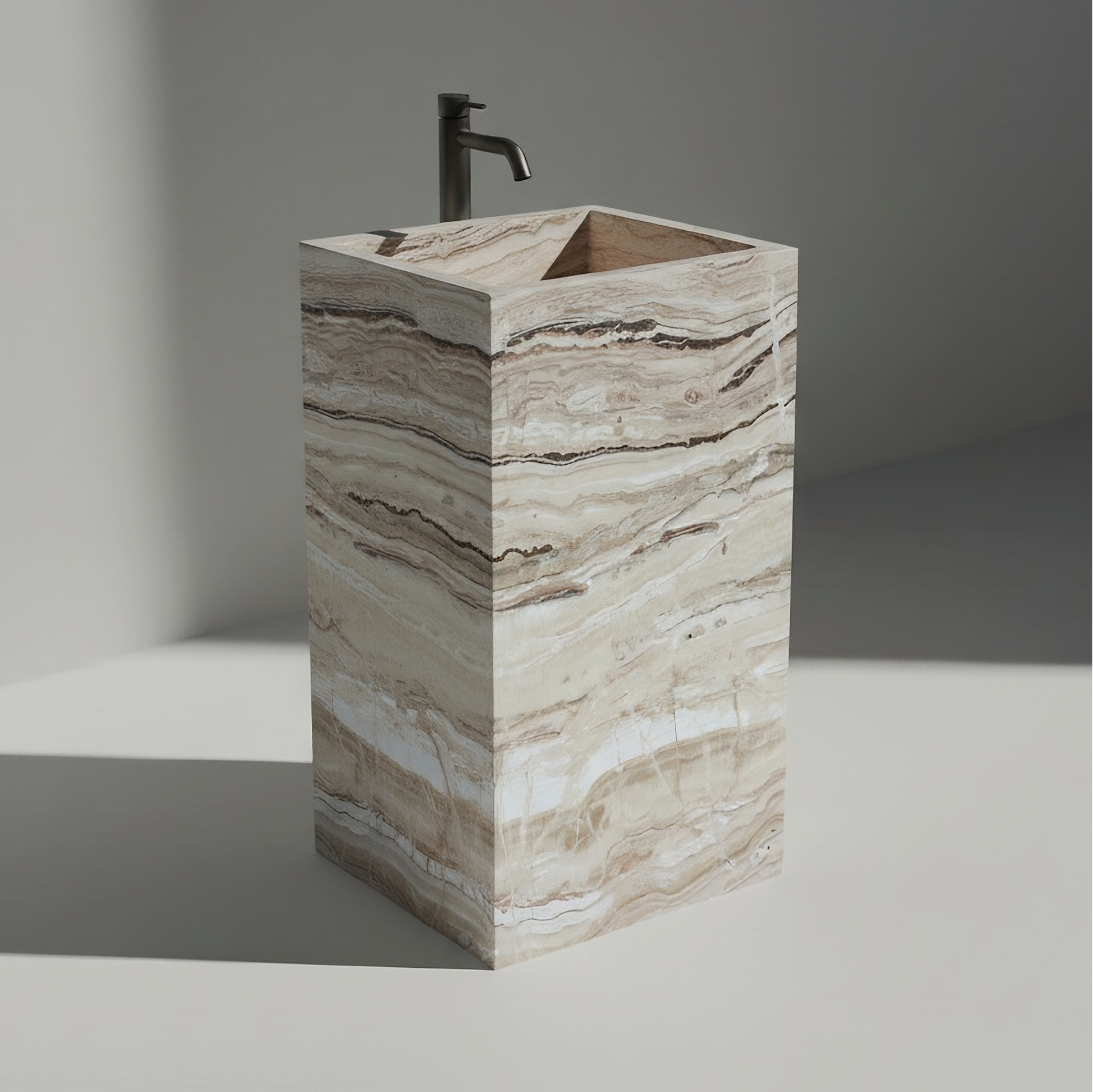 Lavabo Totem Seren en Ónix Avorio sin agujero, piedra semipreciosa marfil pulida de lujo.