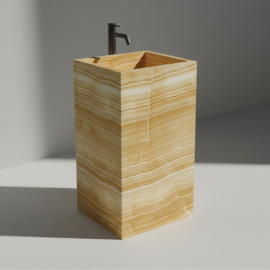 Lavabo Totem Seren en Ónix Dorado sin agujero, piedra semipreciosa pulida de tonos cálidos y dorados.