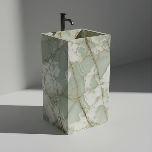 Lavabo Totem Seren en Ónix Verde Clásico sin agujero, piedra natural verde pulida.
