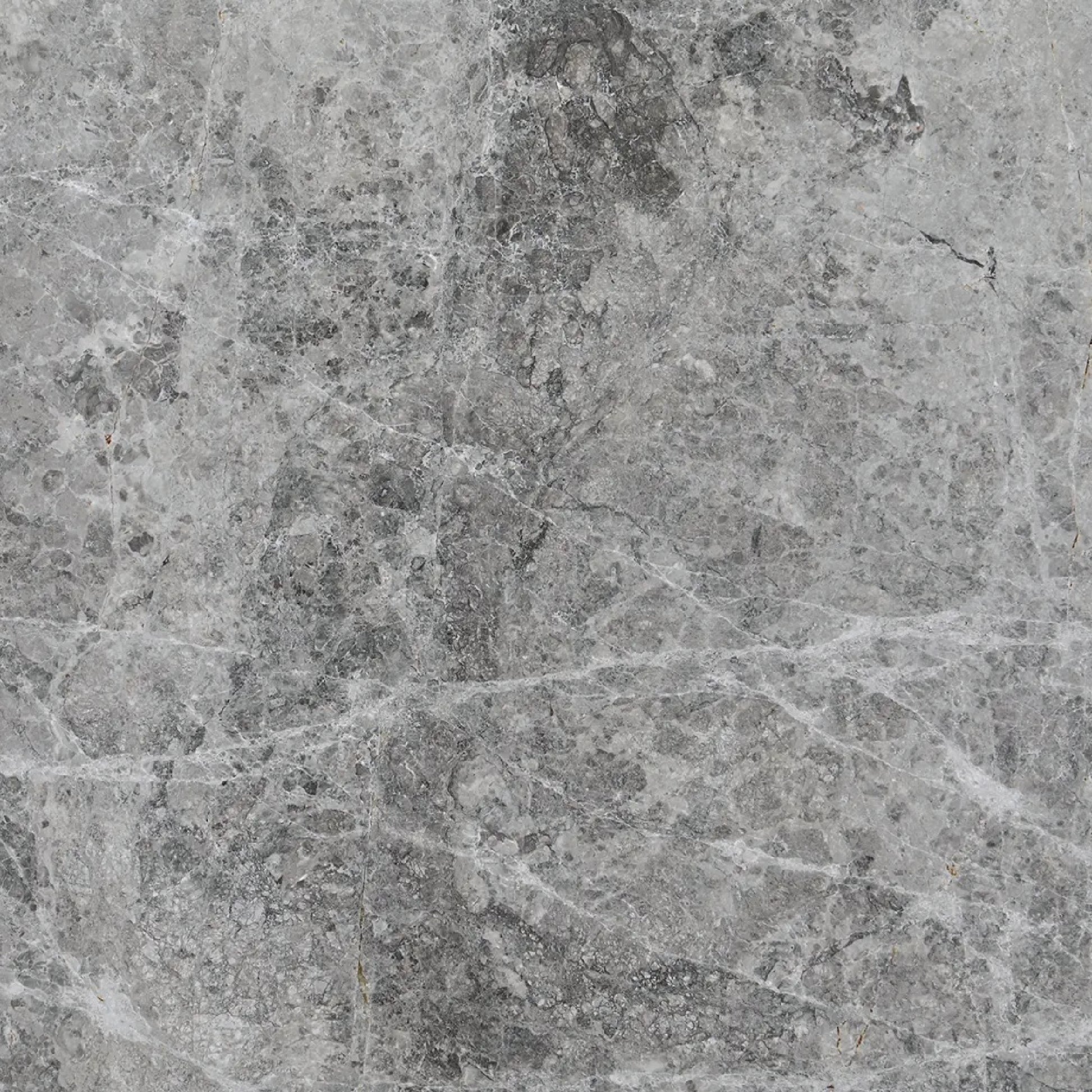 Detalle del Mármol Tundra Grey, vetas grises suaves y superficie pulida natural.