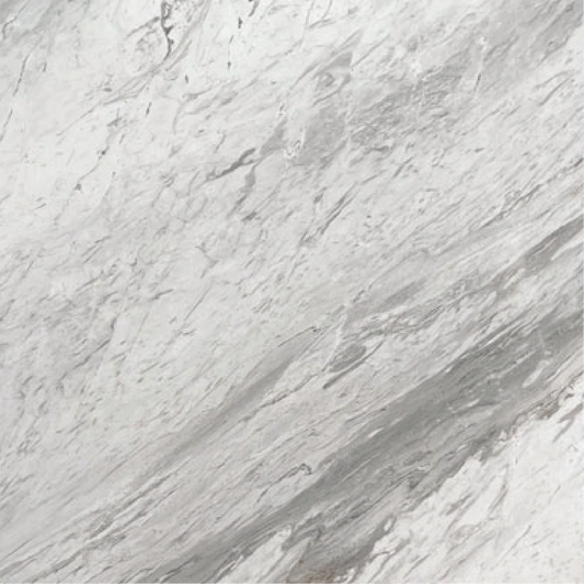 Detail of Volakas Marble, white background and gray veins in a polished finish.