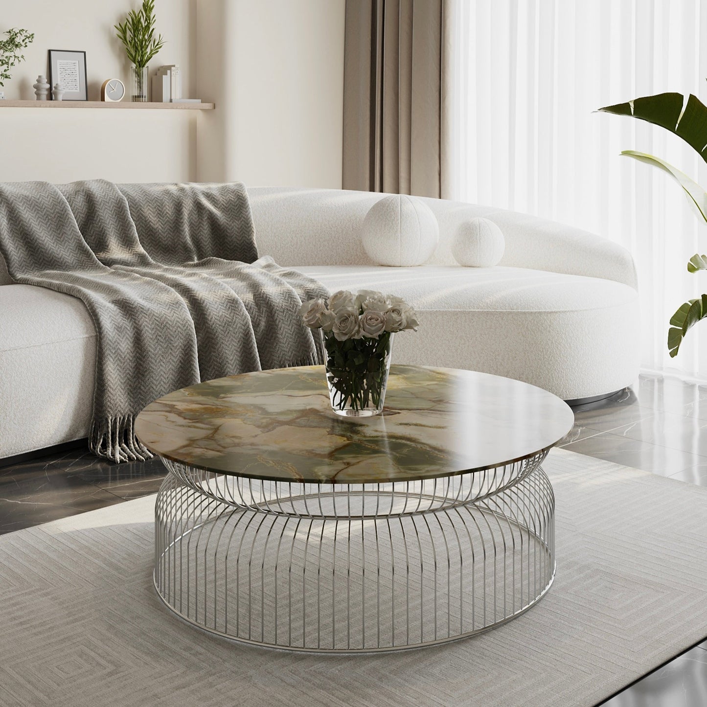 Mesa de centro Abcheck en Ónix Verde en salón moderno de lujo, mesa de piedra semipreciosa translúcida para interiorismo contemporáneo.