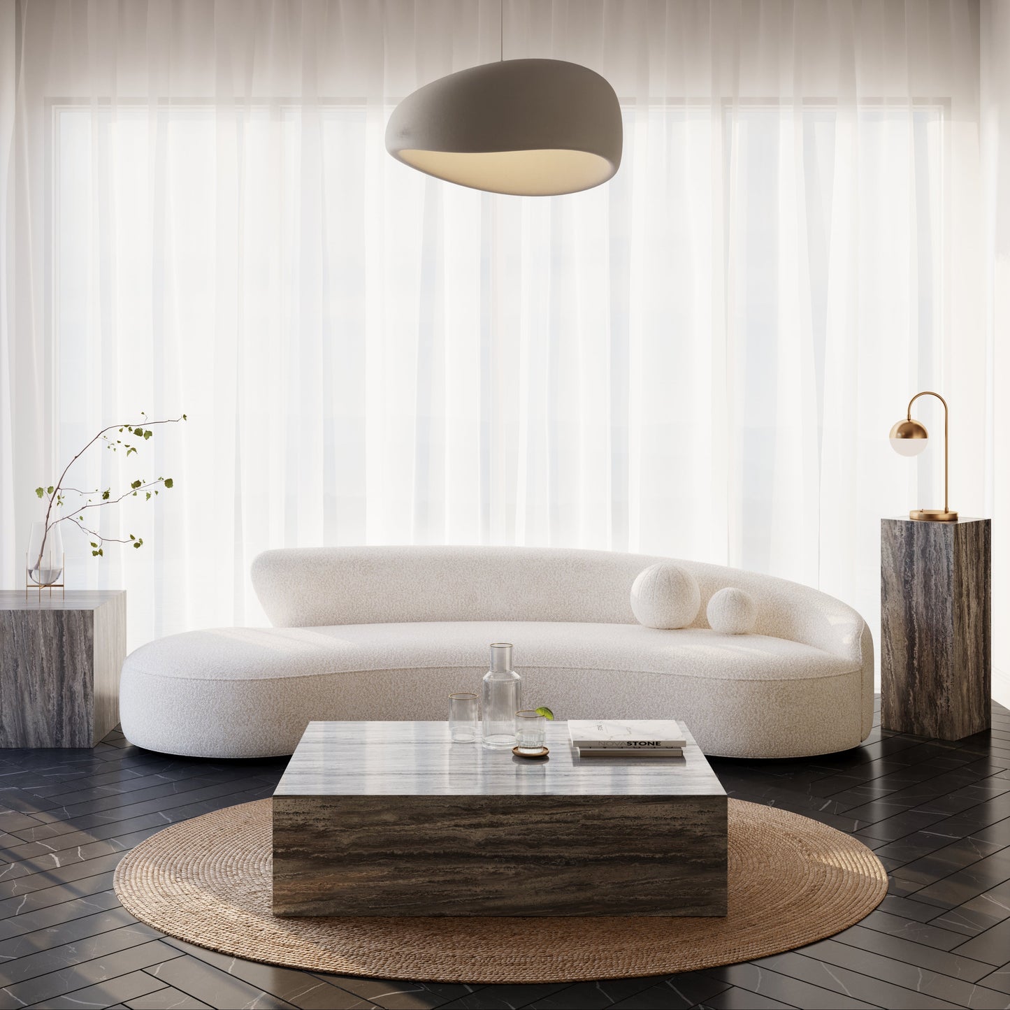 Mesa de centro The Cube en travertino plata en salón moderno, mesa de piedra natural gris para interiorismo contemporáneo