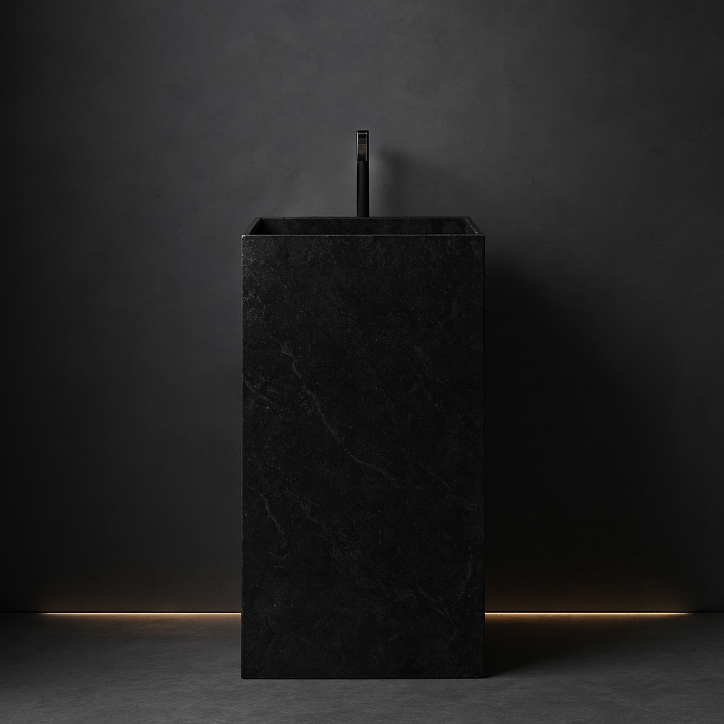 Lavabo de pedestal en mármol Negro Casper natural, diseño monolítico rectangular con acabado pulido brillante, fabricado artesanalmente en España.
