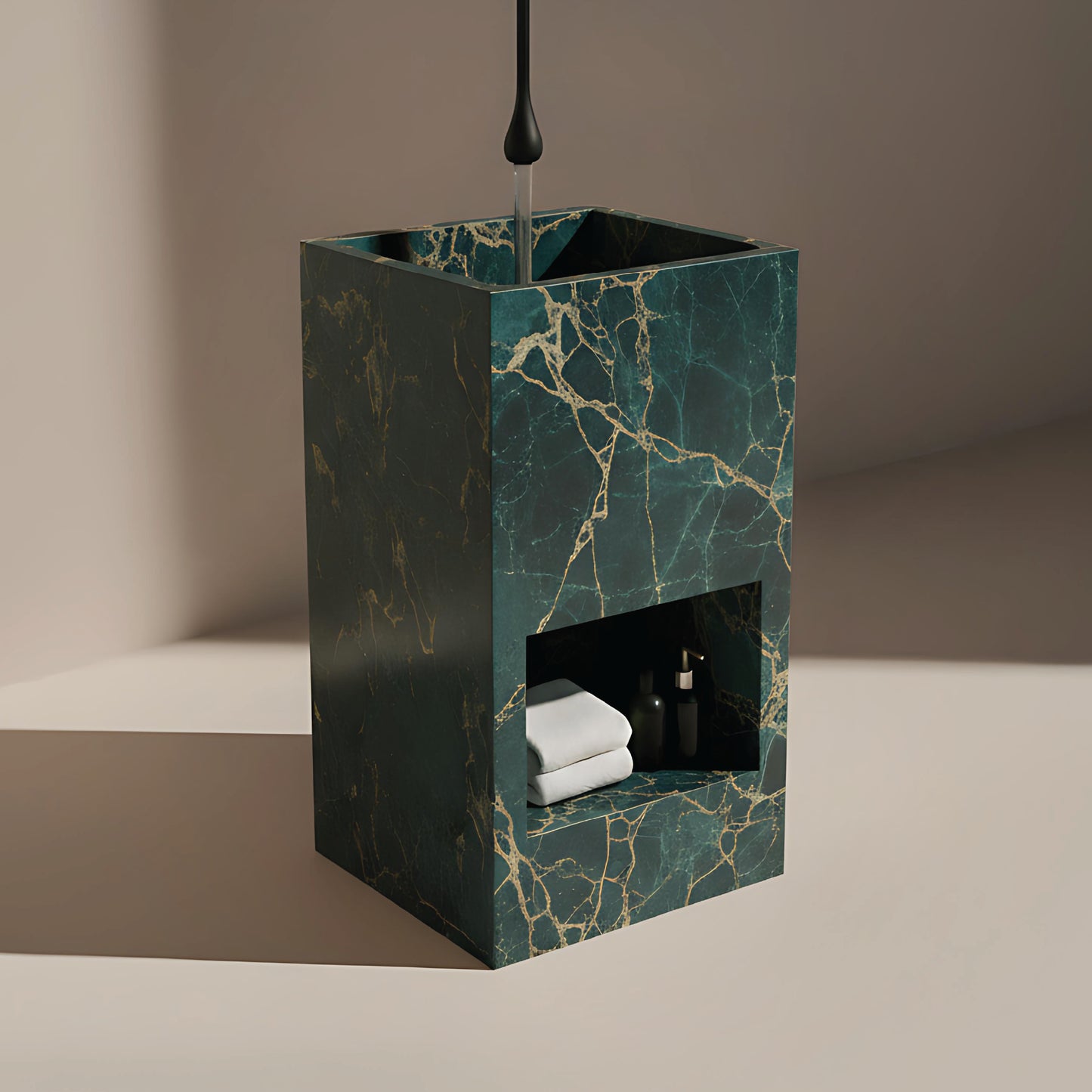 Lavabo Totem Áureo en Cuarcita Golden Green con nicho frontal