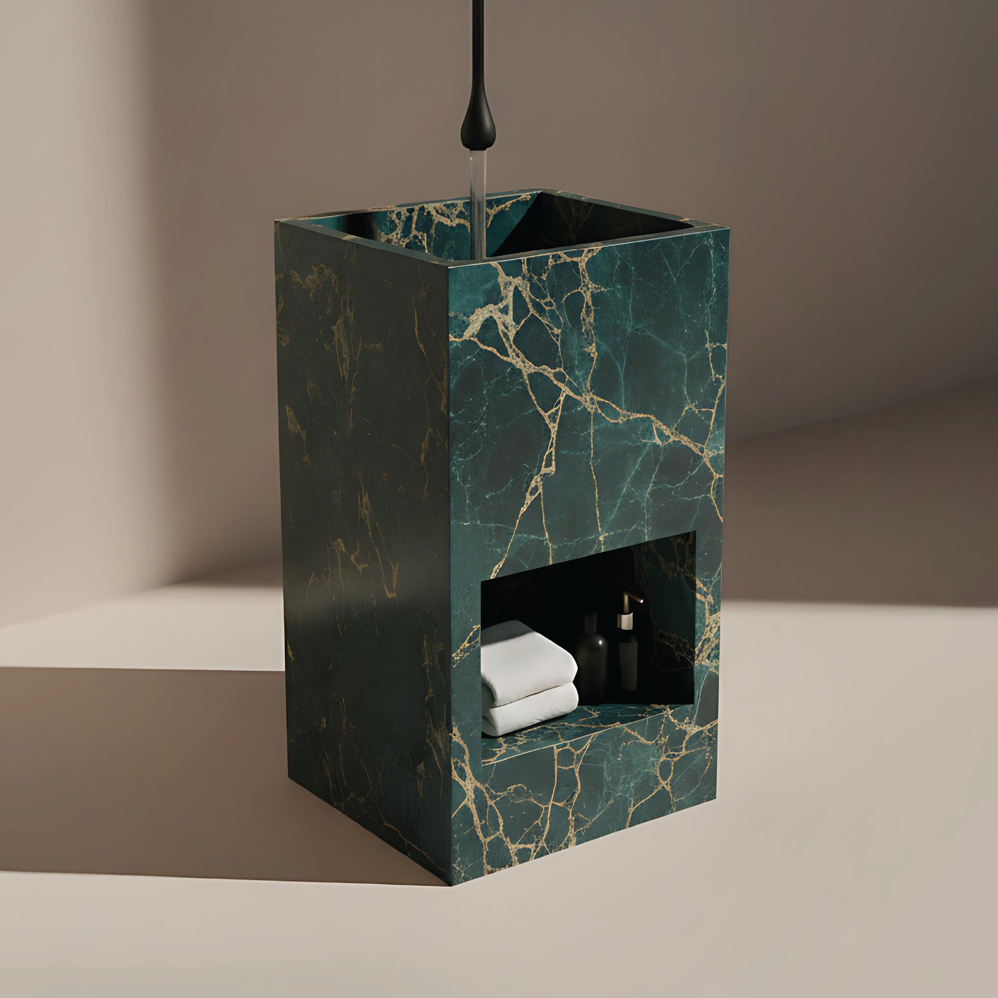 Lavabo Totem Áureo en Cuarcita Golden Green con nicho frontal