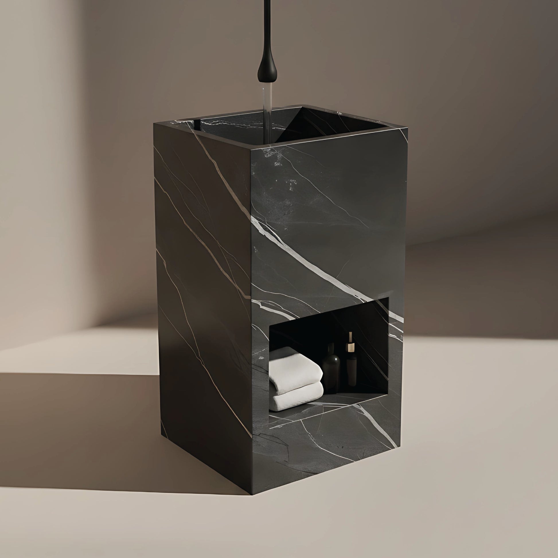 Lavabo Totem Áureo en Cuarcita Negra Zebra con nicho frontal