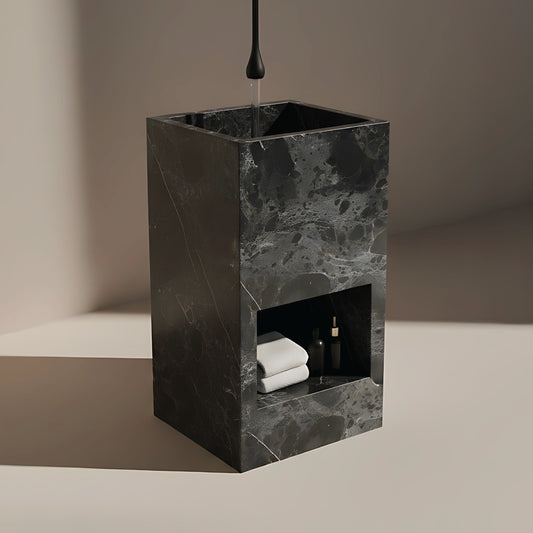 Lavabo Totem Áureo en Cuarcita Negro Casper – vista frontal
