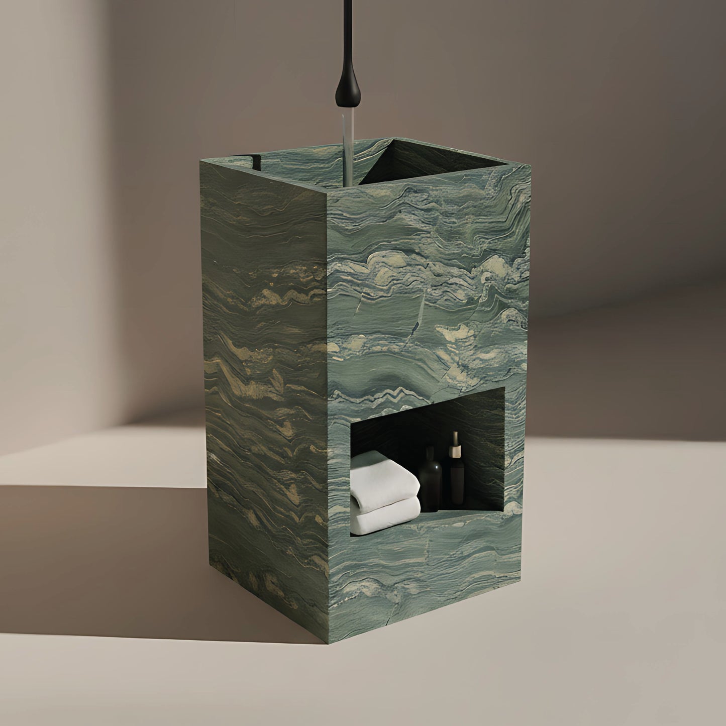 Lavabo Totem Áureo en Cuarcita Verde Amazonia con nicho frontal