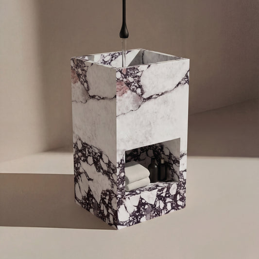 Lavabo Totem Áureo en Mármol Calacatta Viola con nicho frontal