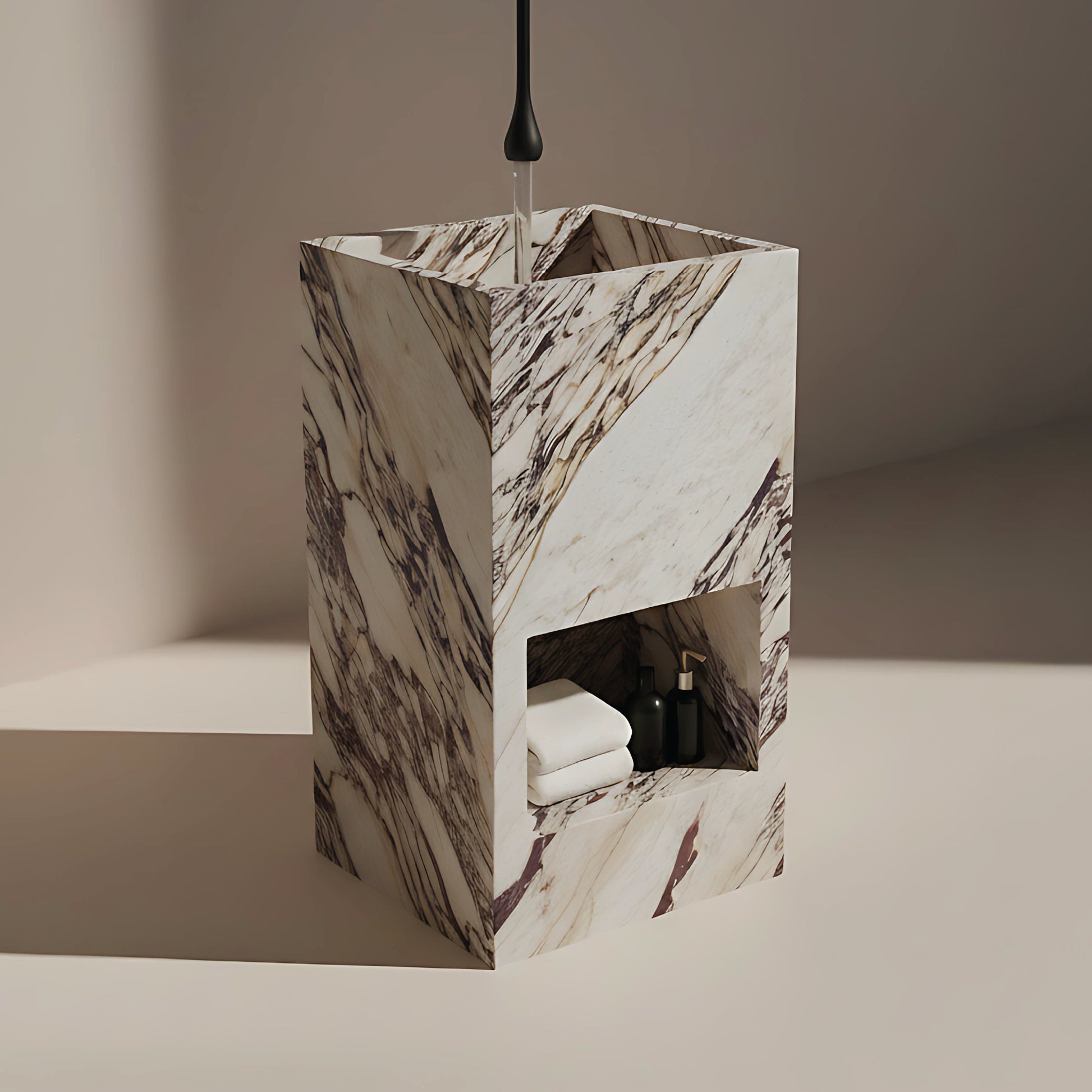 Lavabo Totem Áureo en Mármol Calacatta Viola con nicho frontal