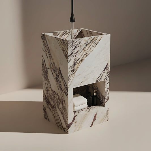 Lavabo Totem Áureo en Mármol Calacatta Viola con nicho frontal