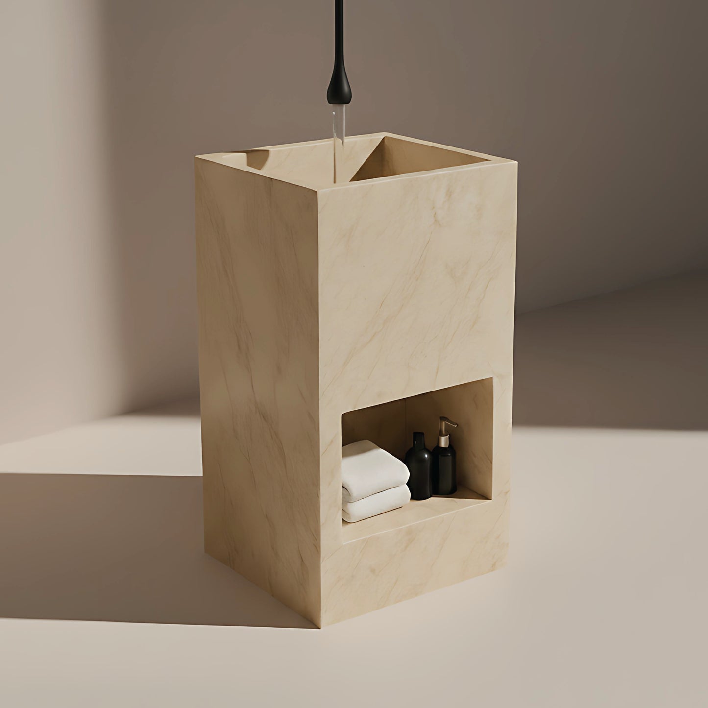 Lavabo Totem Áureo en Mármol Crema Premium con nicho frontal
