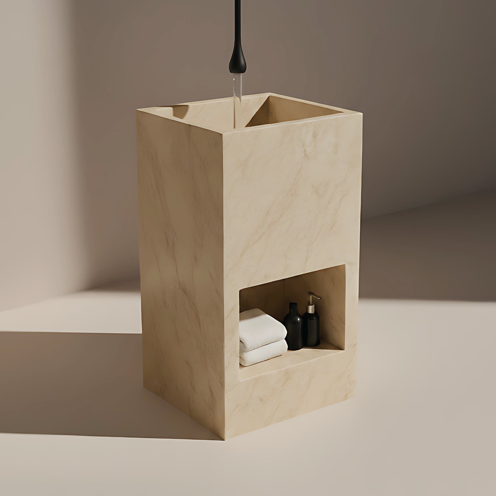 Lavabo Totem Áureo en Mármol Crema Premium con nicho frontal
