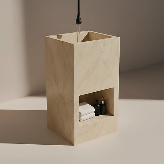 Lavabo Totem Áureo en Mármol Crema Premium con nicho frontal
