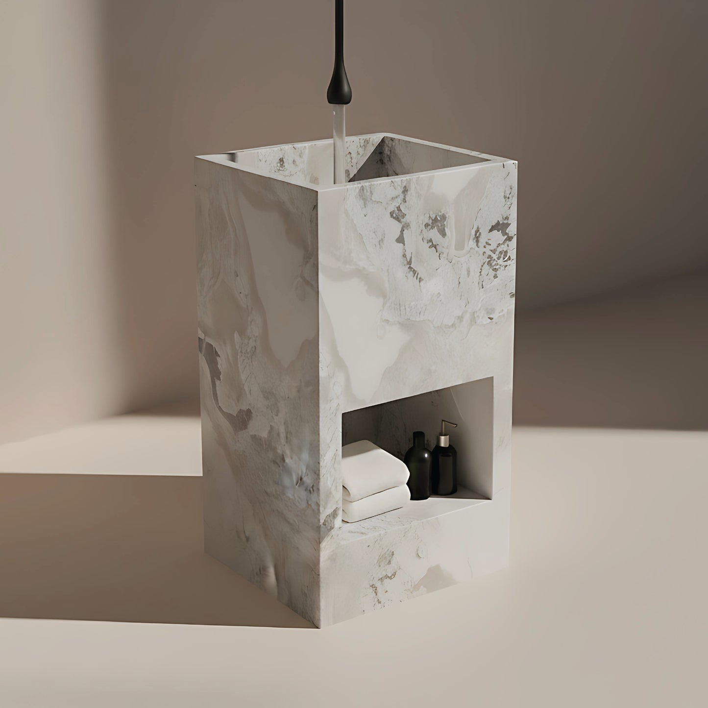 Lavabo Totem Áureo en Mármol Dover con nicho frontal
