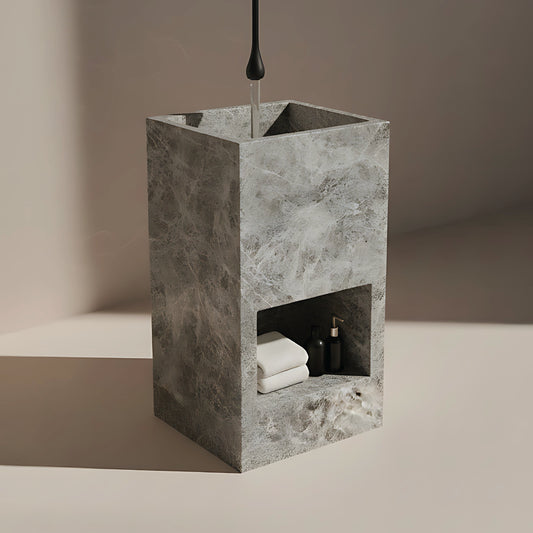 Lavabo Totem Áureo en Mármol Gris Tundra con nicho frontal