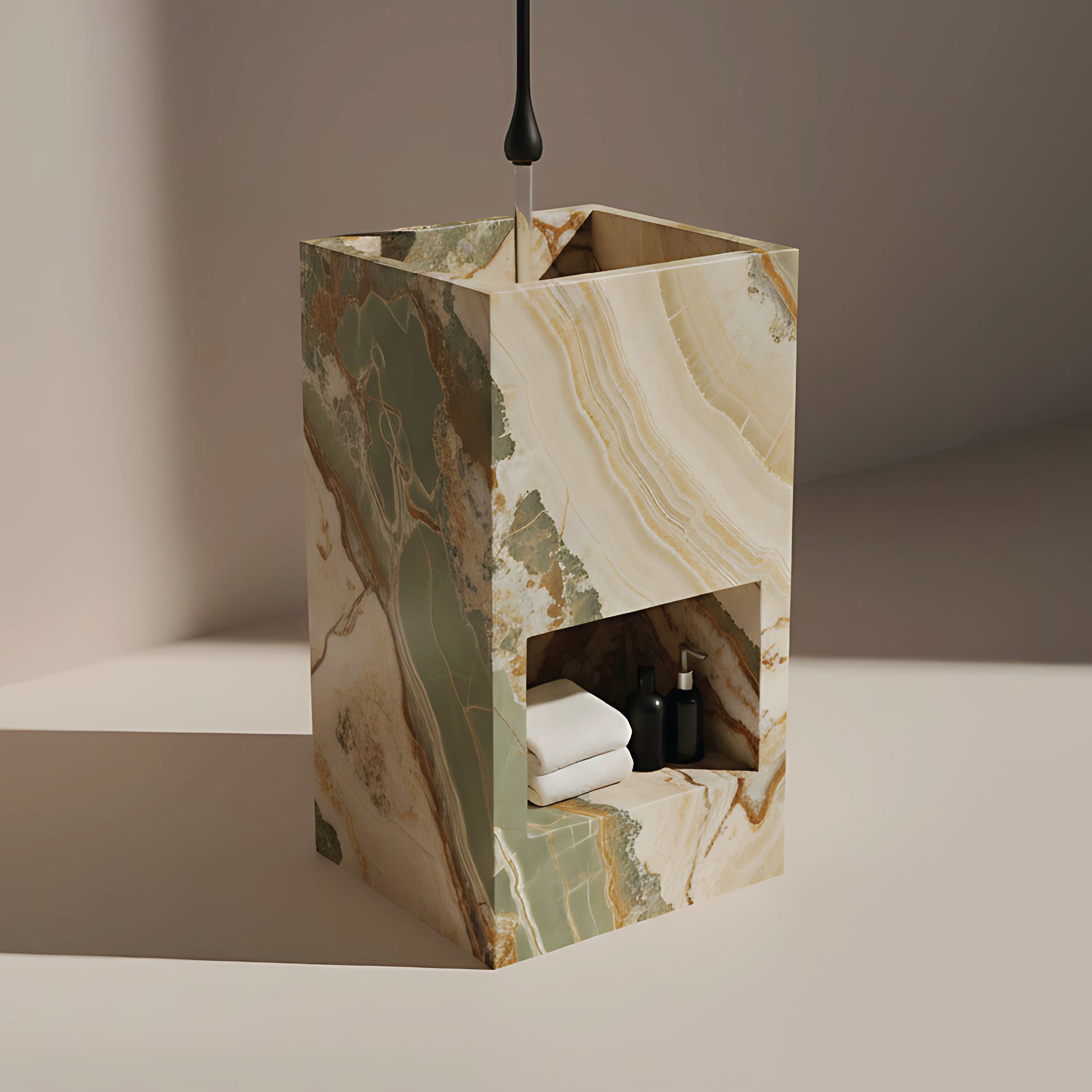 Lavabo Totem Áureo en Ónix Verde Clásico con nicho frontal