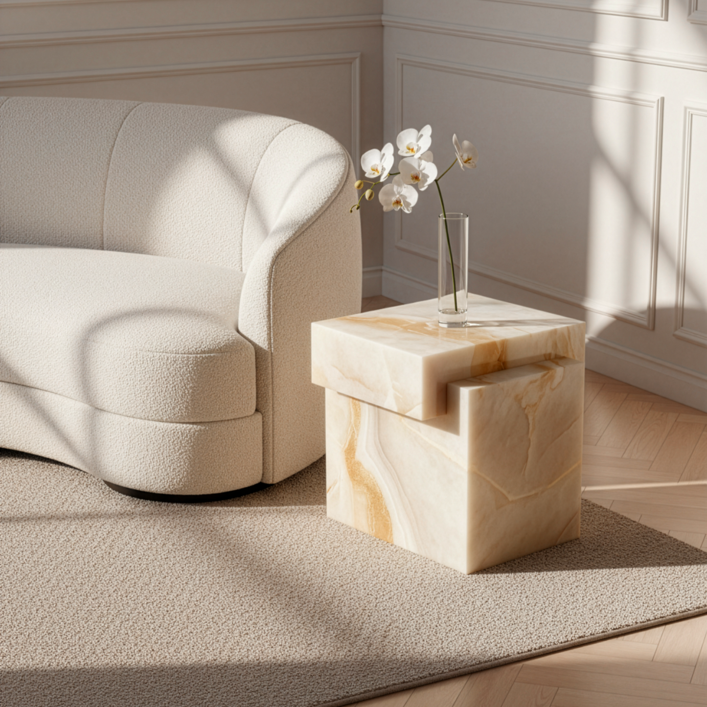 Mesa Alma en Onyx Blanco integrada en salón contemporáneo. Diseño de lujo con piedra natural.