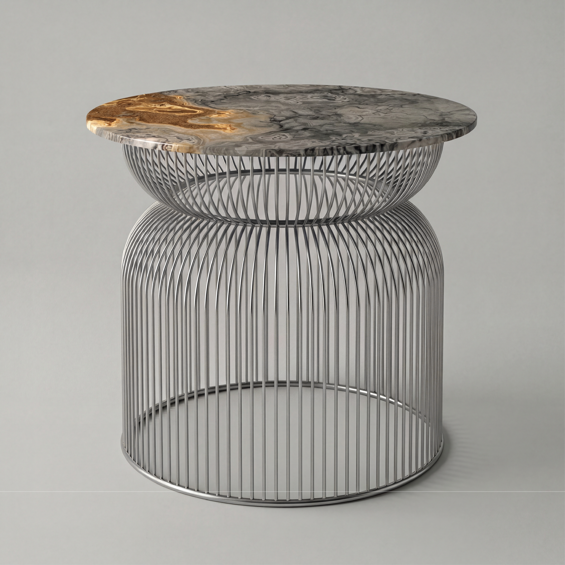 Mesa auxiliar Abcheck en ónix sunrise con contrastes minerales y presencia escultórica
