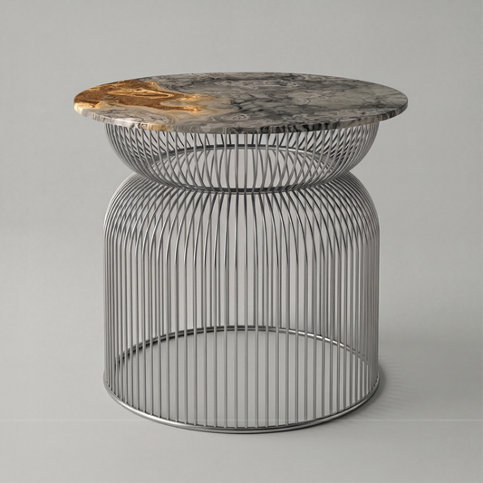 Mesa auxiliar Abcheck en ónix sunrise con contrastes minerales y presencia escultórica
