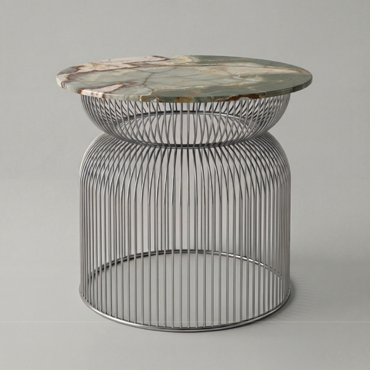 Mesa auxiliar Abcheck en ónix verde natural con vetas minerales y diseño arquitectónico
