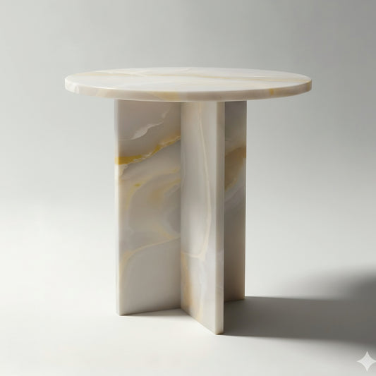 Mesa auxiliar CHIC en ónix Blanco, mesa cúbica de piedra blanca pulida.