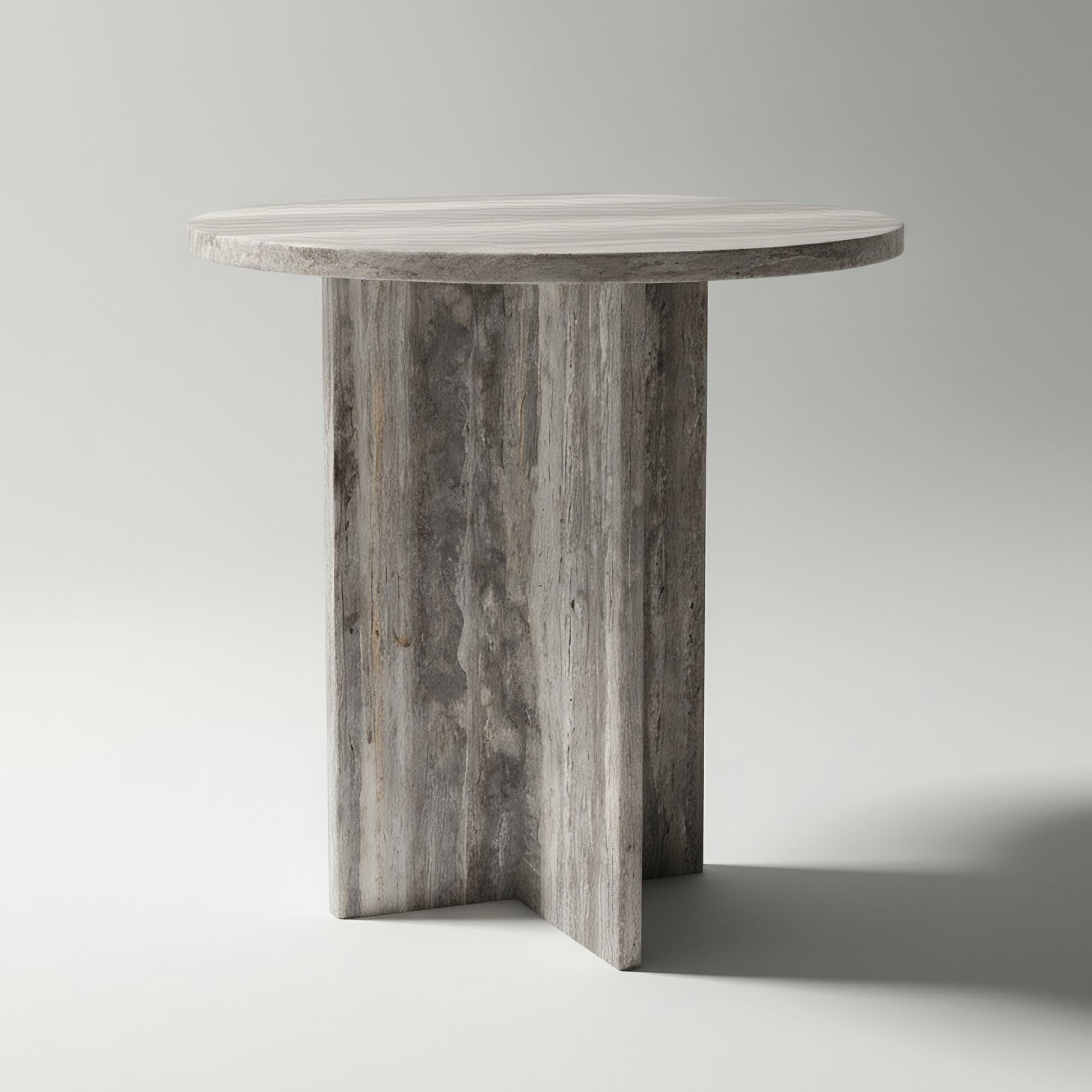 Mesa auxiliar CHIC en travertino Plata, mesa de travertino pulido, diseño moderno.