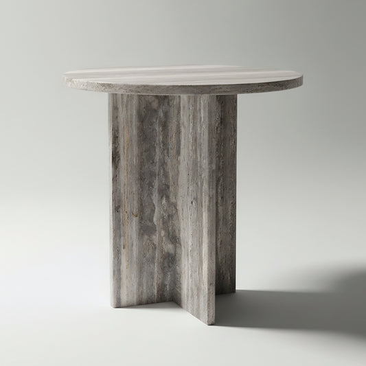 Mesa auxiliar CHIC en travertino Plata, mesa de travertino pulido, diseño moderno.